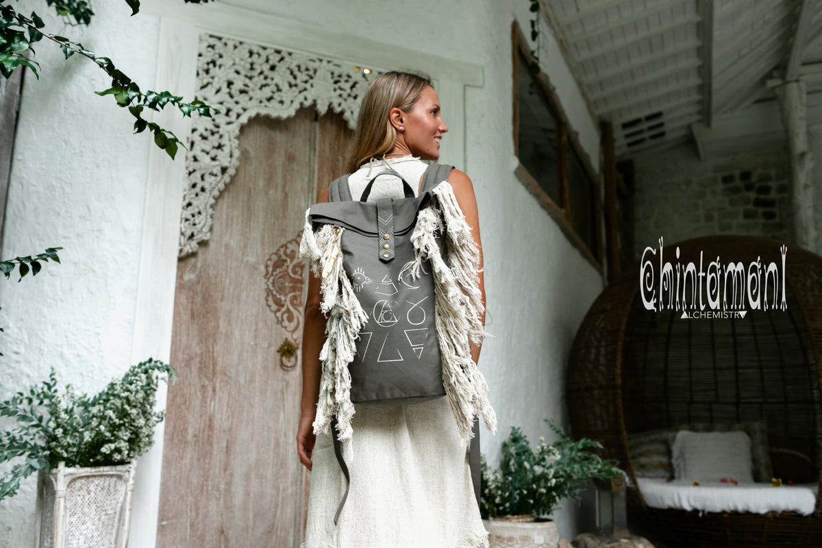 Rolltop Boho Canvas Backpack for Women with Linen Fringes ∆ Rolltop Laptop Backpack / Dark Gray - ChintamaniAlchemi