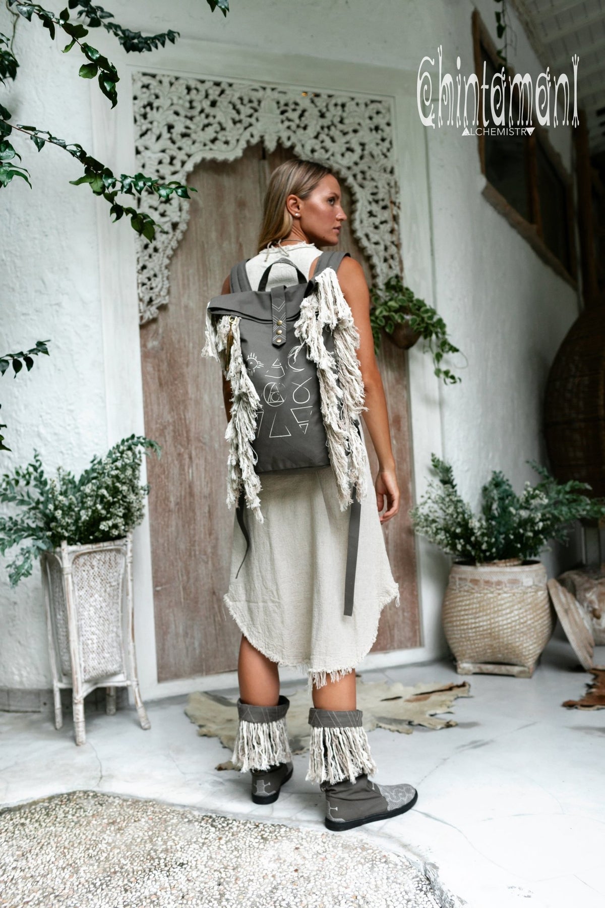 Rolltop Boho Canvas Backpack for Women with Linen Fringes ∆ Rolltop Laptop Backpack / Dark Gray - ChintamaniAlchemi