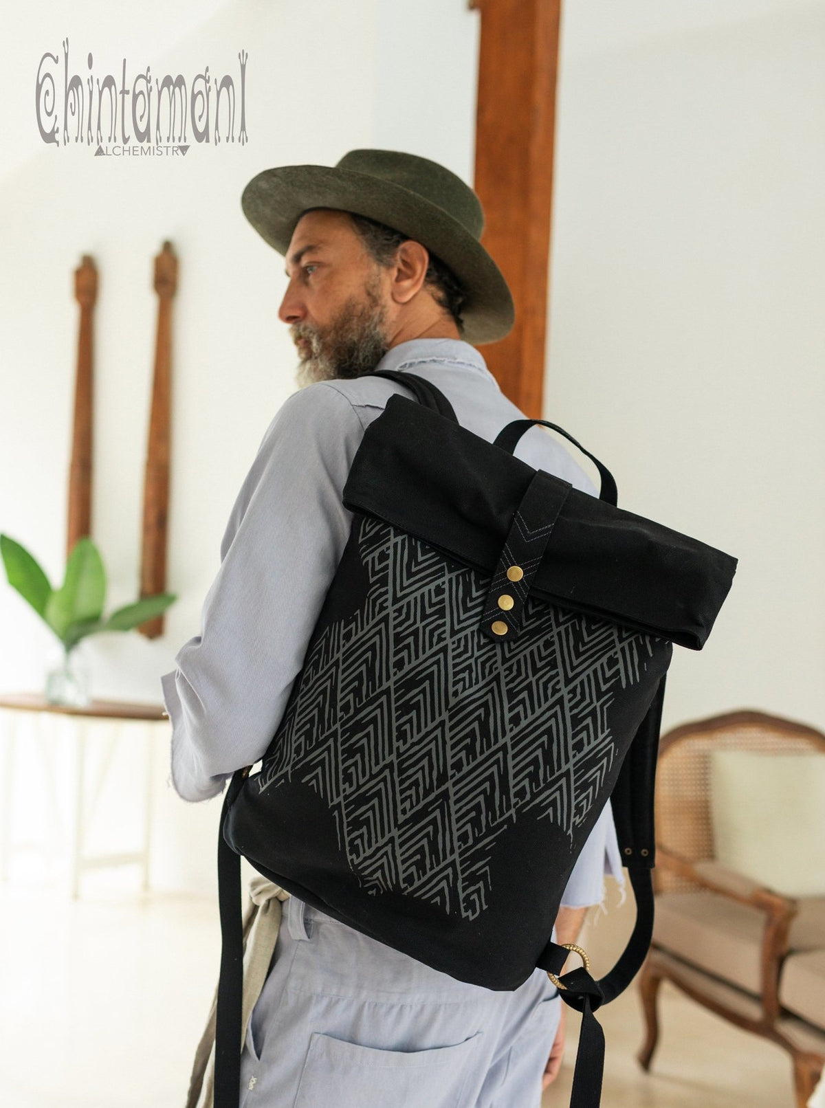 Rolltop Canvas Backpack Unisex / Black - ChintamaniAlchemi