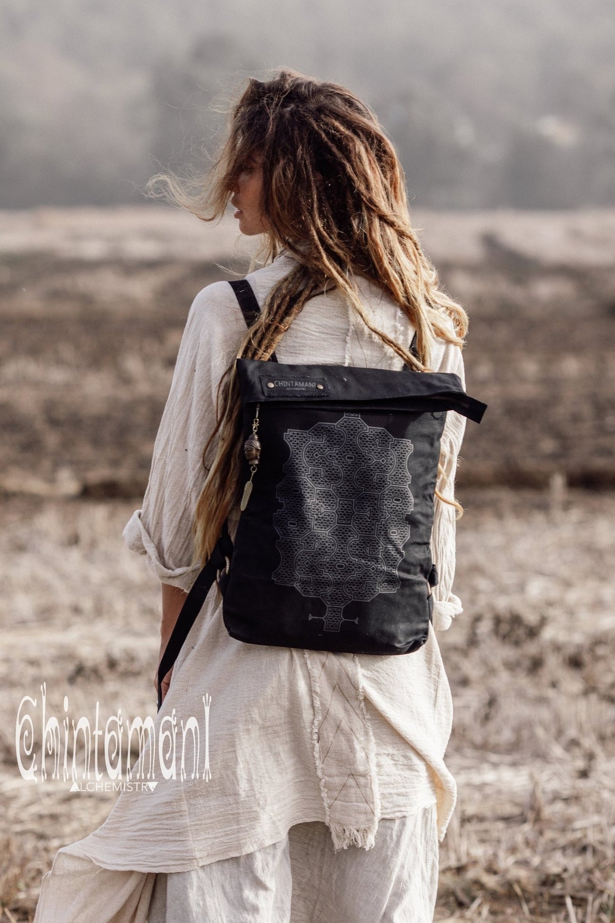 Rolltop Flat Laptop Backpack of Cotton Canvas with Shipibo Print / Black - ChintamaniAlchemi