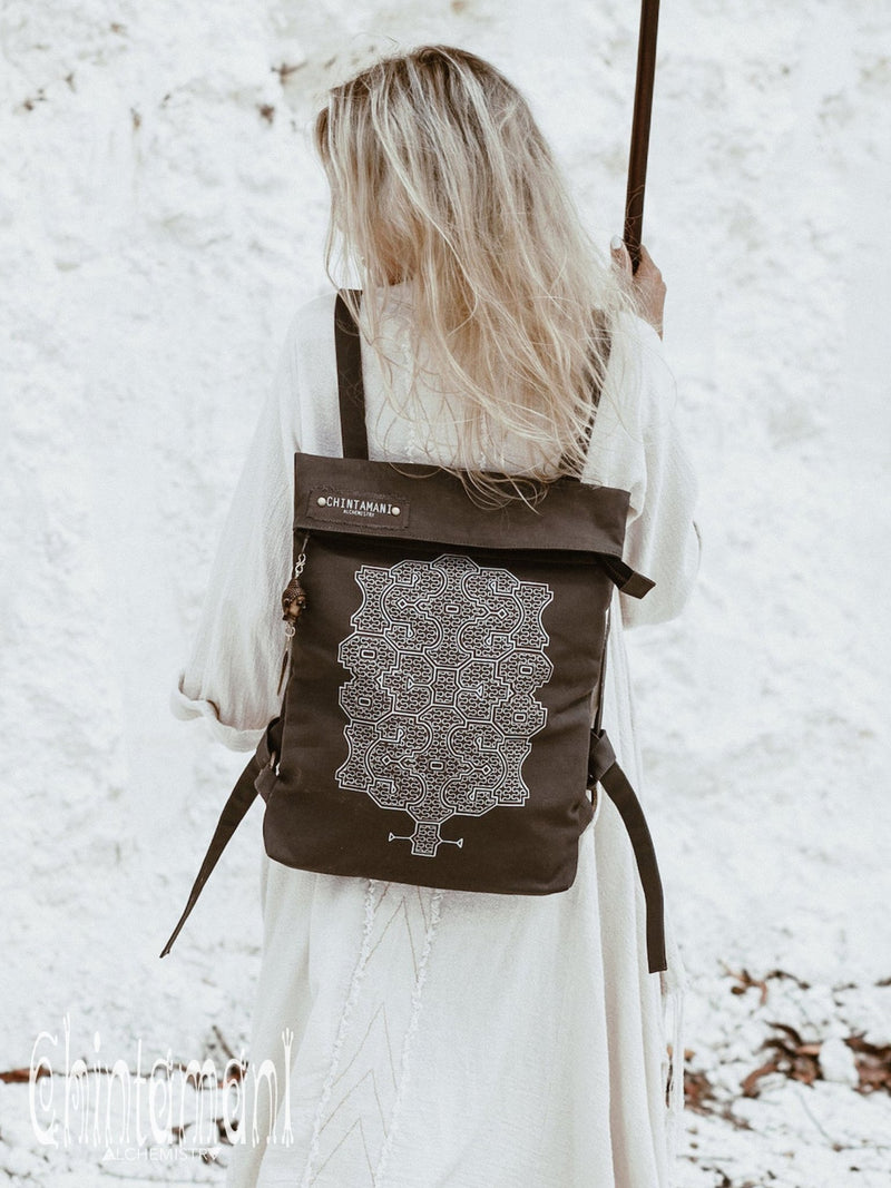 Rolltop Flat Laptop Backpack of Cotton Canvas with Shipibo Print / Dark Grey - ChintamaniAlchemi
