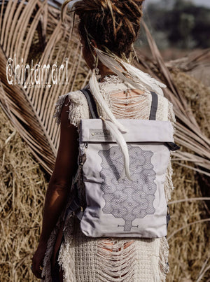 Rolltop Flat Laptop Backpack of Cotton Canvas with Shipibo Print / Light Grey - ChintamaniAlchemi