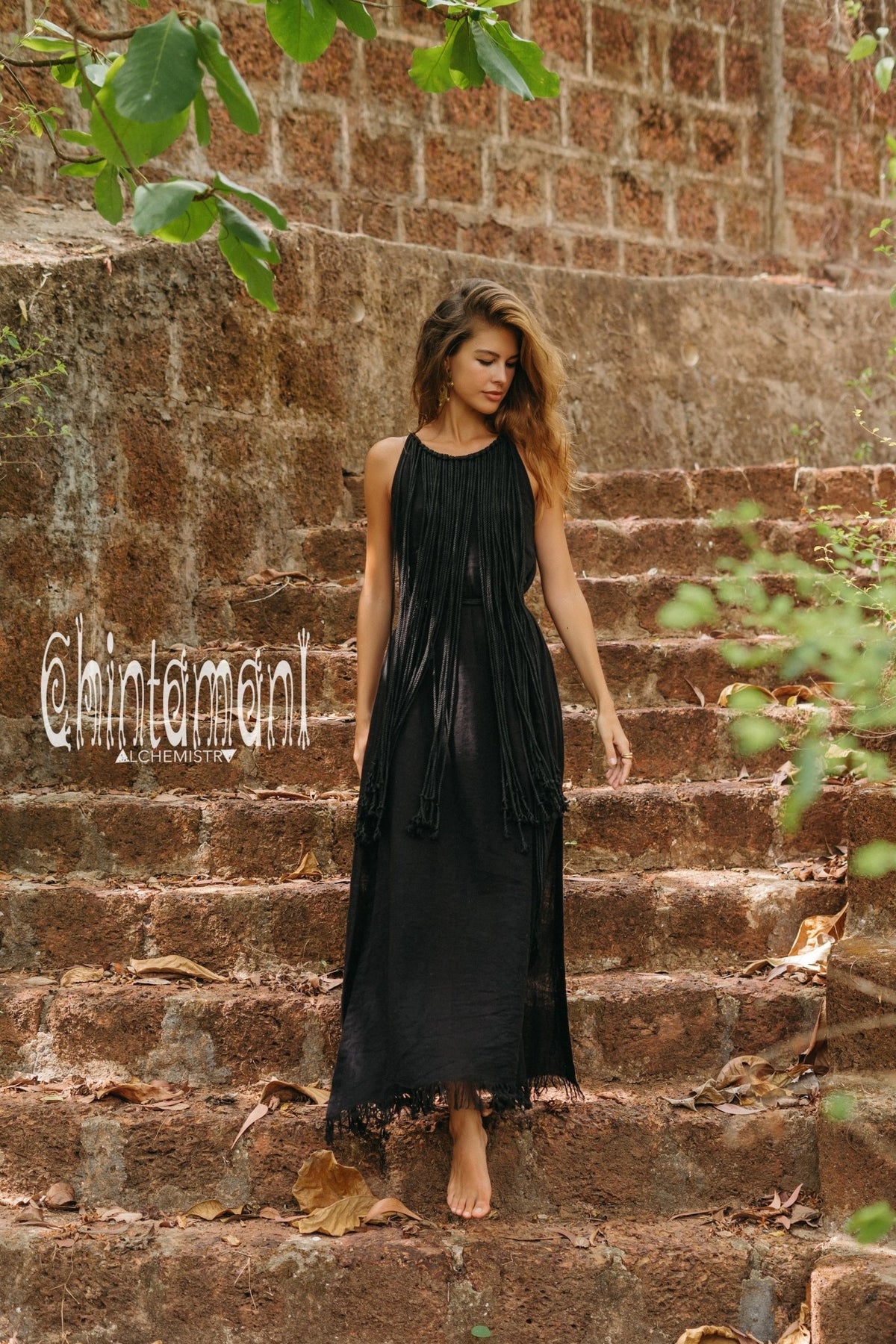 Rope Collar Boho Maxi Dress / Black - ChintamaniAlchemi