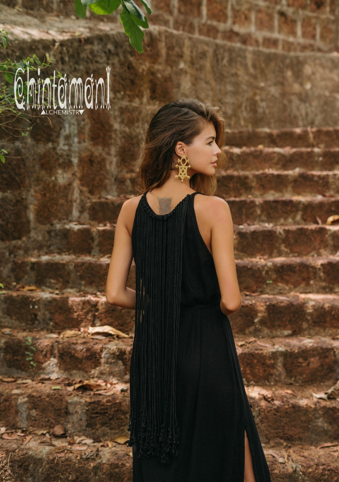 boho maxi dress black Rope Collar Dress / Black
