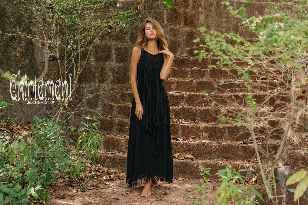 Rope Collar Boho Maxi Dress / Black - ChintamaniAlchemi