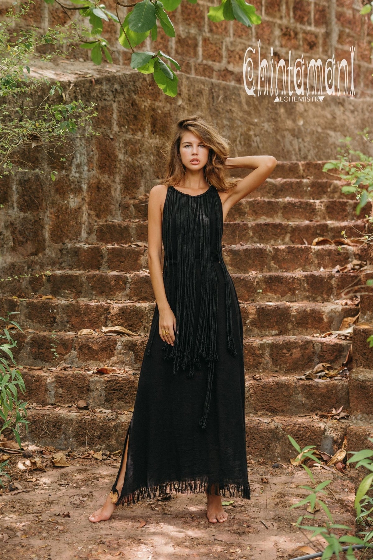 Rope Collar Boho Maxi Dress / Black - ChintamaniAlchemi