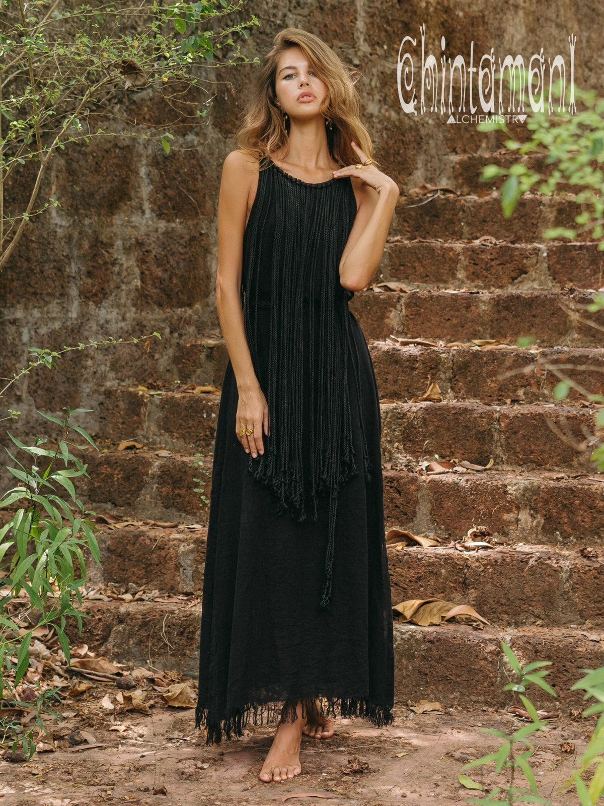 Rope Collar Boho Maxi Dress / Black - ChintamaniAlchemi