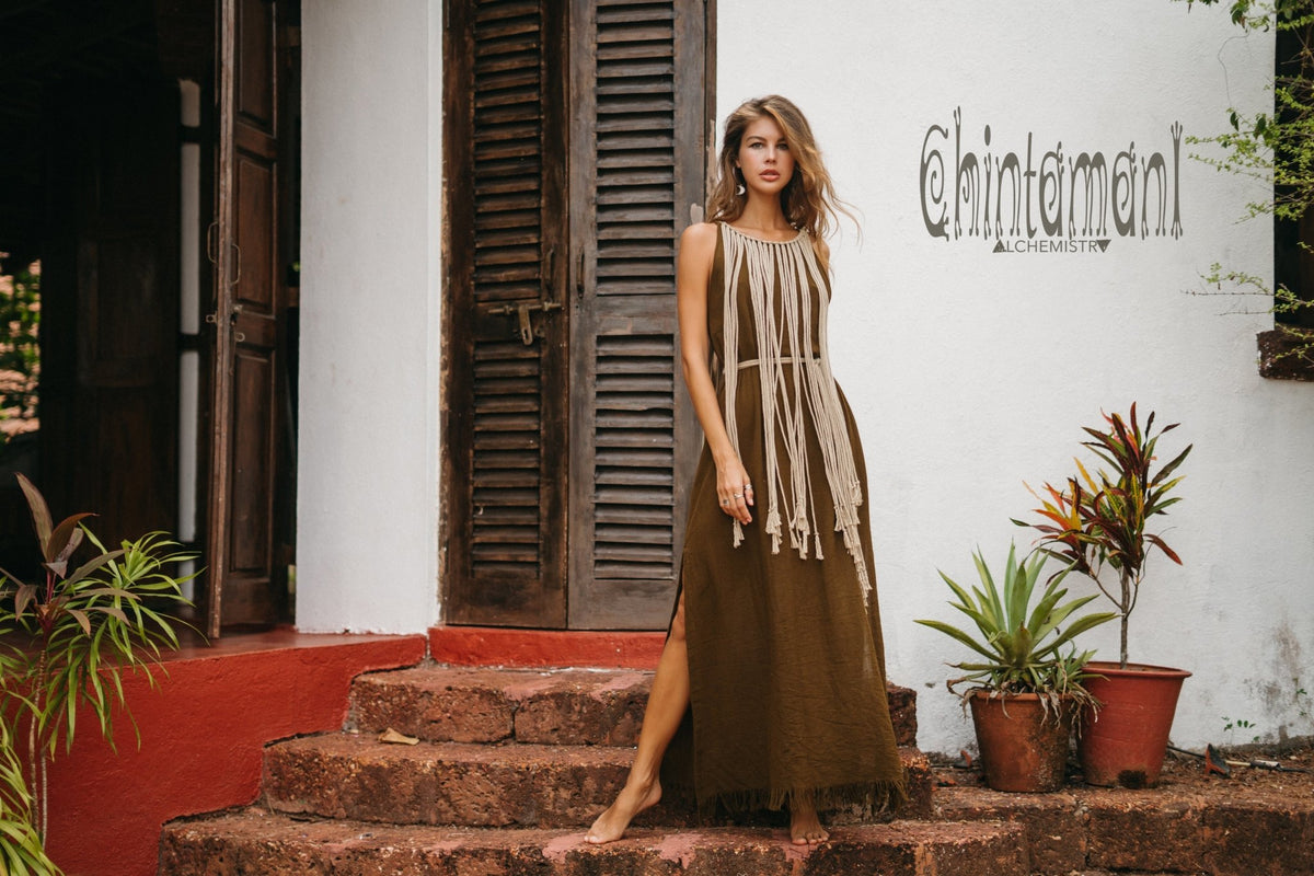 Rope Collar Boho Maxi Dress / Brown - ChintamaniAlchemi