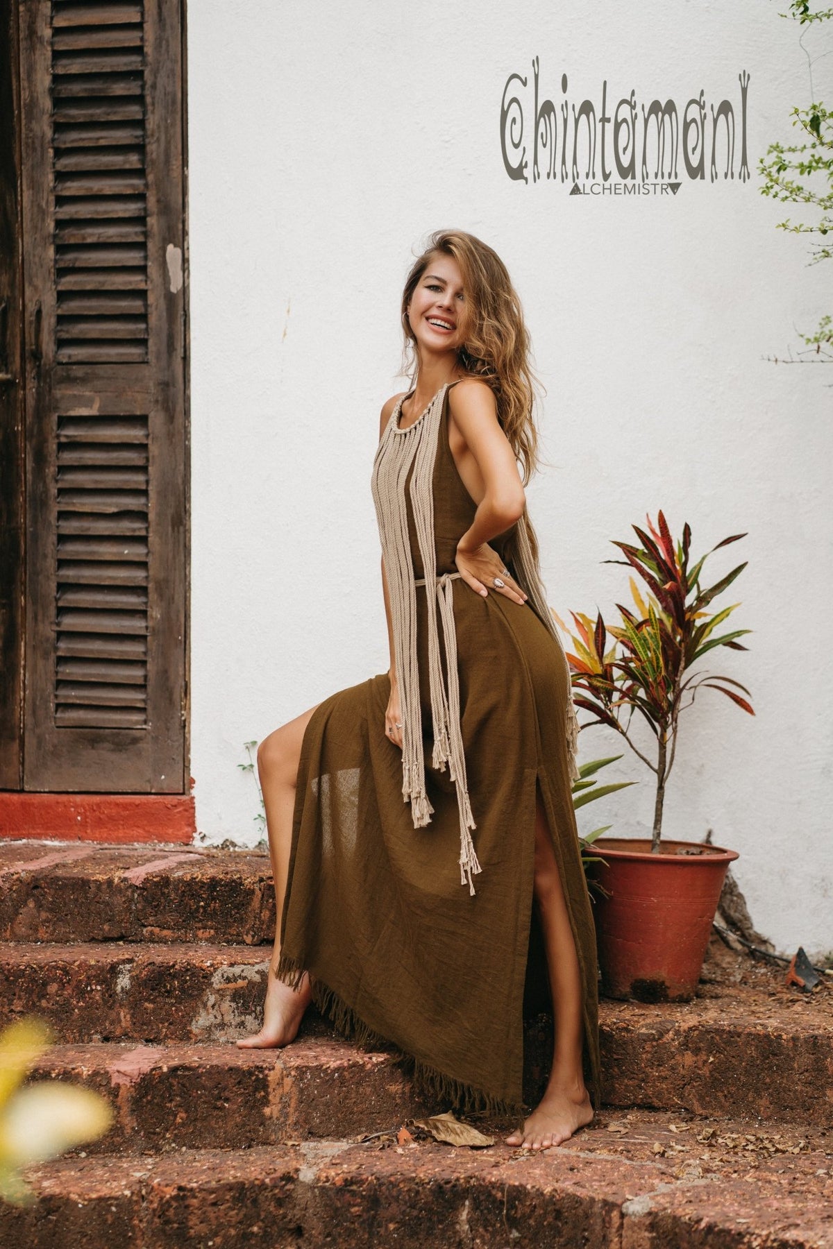 Rope Collar Boho Maxi Dress / Brown - ChintamaniAlchemi