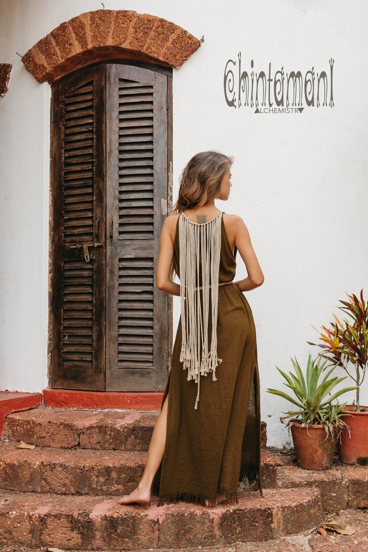 Rope Collar Boho Maxi Dress / Brown - ChintamaniAlchemi