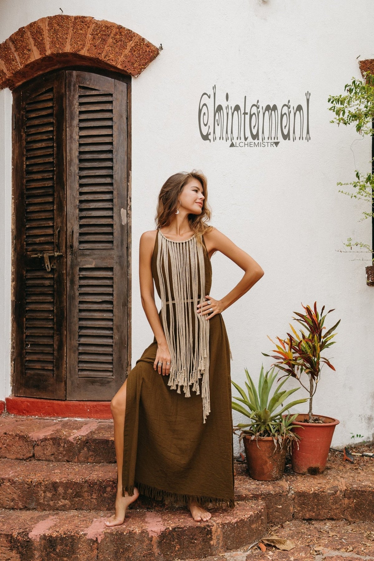 Rope Collar Boho Maxi Dress / Brown - ChintamaniAlchemi