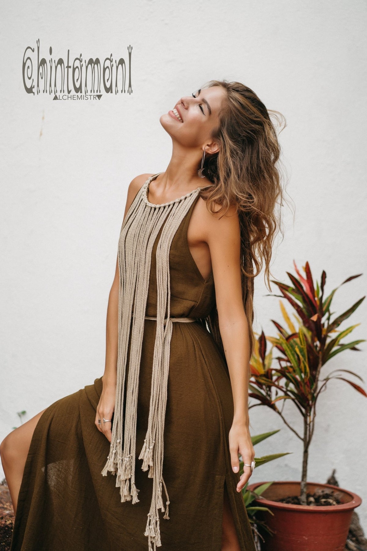 Rope Collar Boho Maxi Dress / Brown - ChintamaniAlchemi