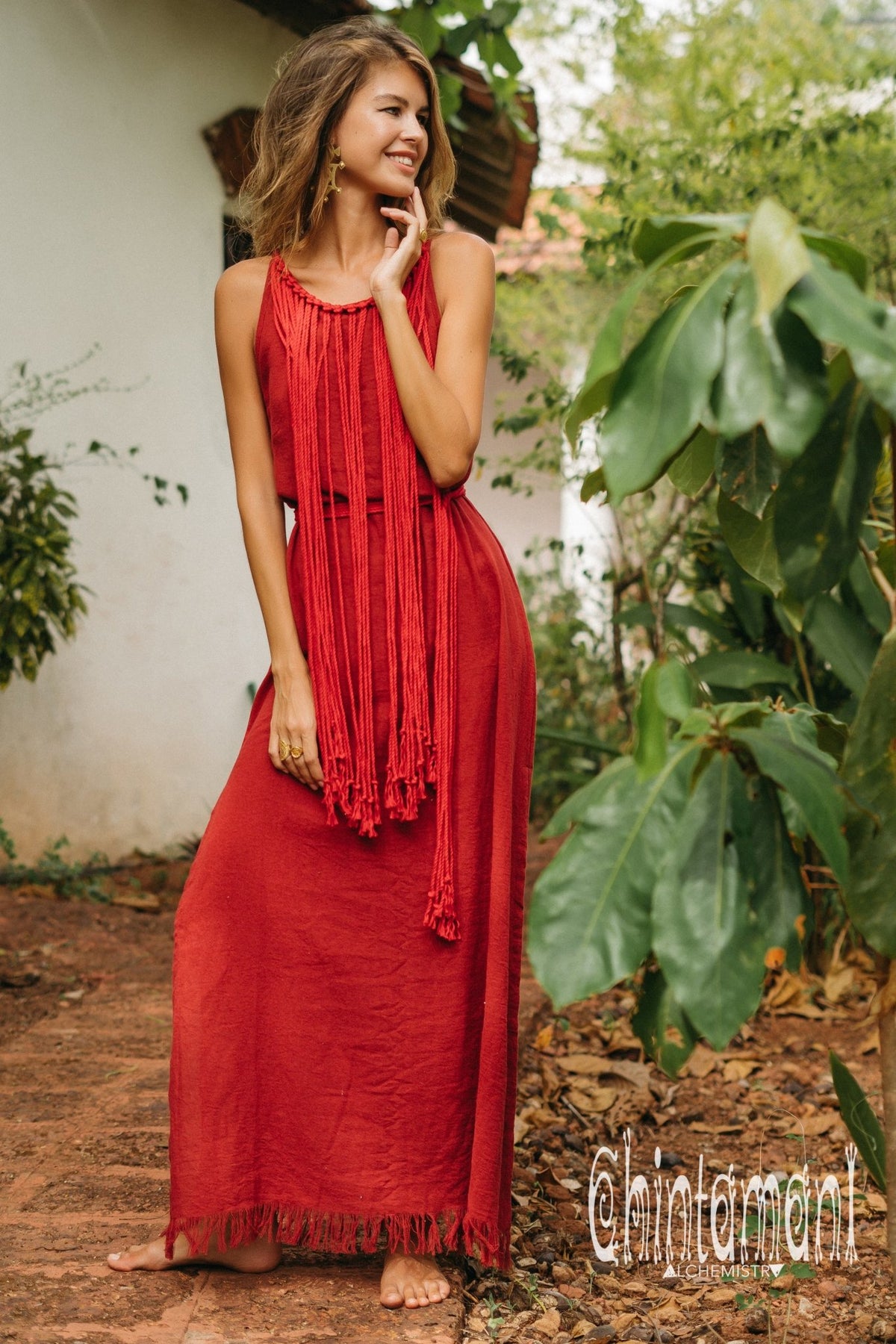 Rope Collar Boho Maxi Dress / Red Ochre - ChintamaniAlchemi