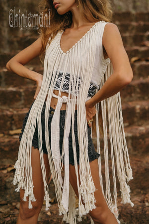 Rope Necklace Boho Top with Tribal Belt / Light Gray - ChintamaniAlchemi