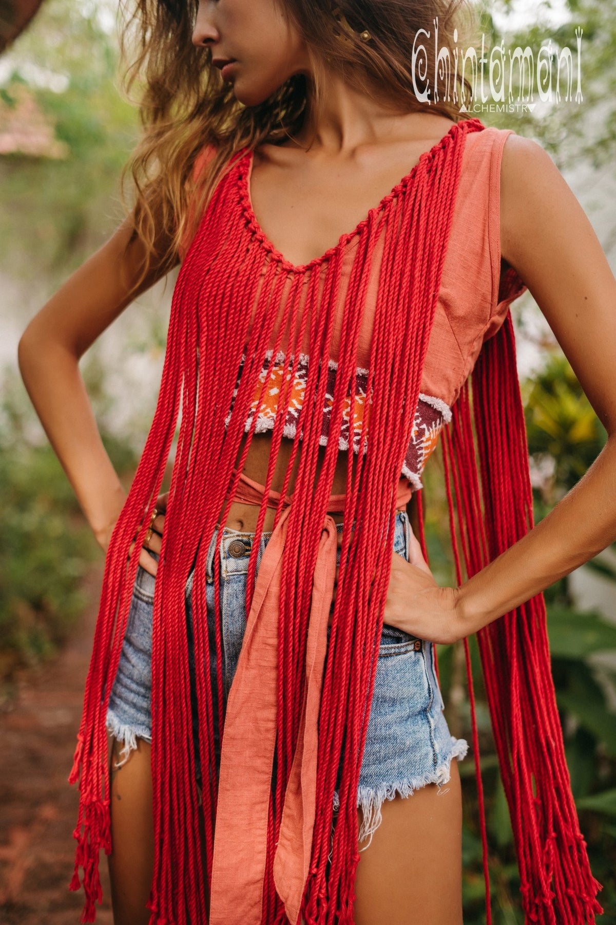 Rope Necklace Boho Top with Tribal Belt / Salmon Red - ChintamaniAlchemi