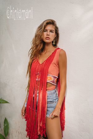 Rope Necklace Boho Top with Tribal Belt / Salmon Red - ChintamaniAlchemi