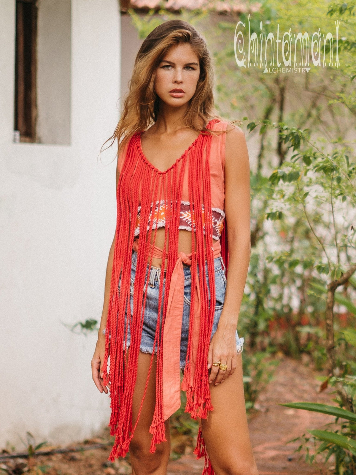 Rope Necklace Boho Top with Tribal Belt / Salmon Red - ChintamaniAlchemi