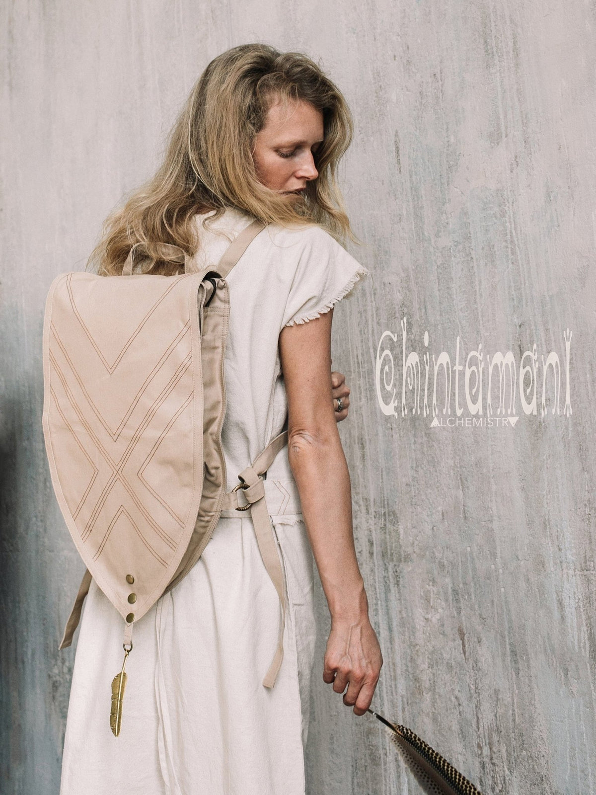 Shield Cotton Canvas Backpack / Triangle Vegan Laptop Backpack / Beige - ChintamaniAlchemi