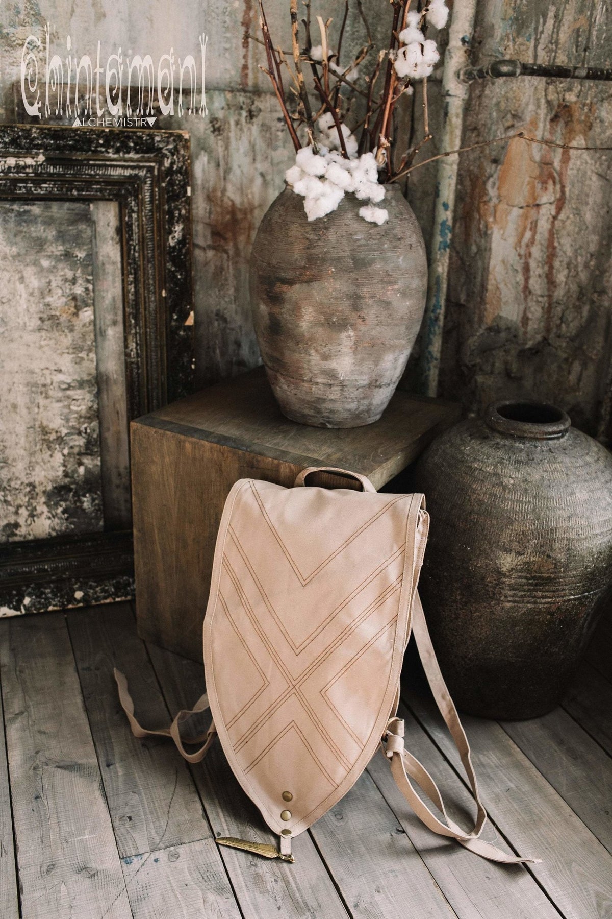 Shield Cotton Canvas Backpack / Triangle Vegan Laptop Backpack / Beige - ChintamaniAlchemi