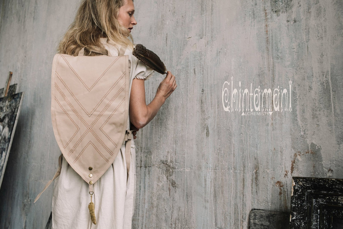 Shield Cotton Canvas Backpack / Triangle Vegan Laptop Backpack / Beige - ChintamaniAlchemi