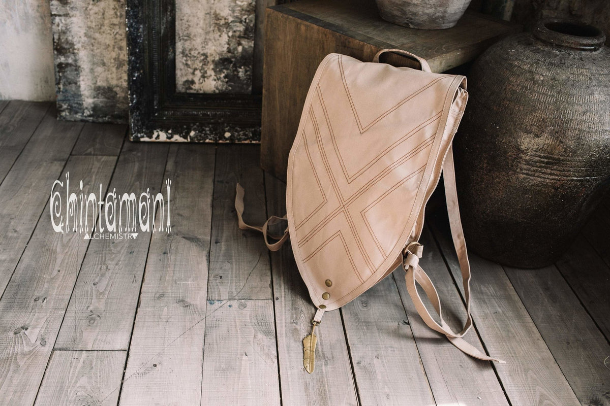 Shield Cotton Canvas Backpack / Triangle Vegan Laptop Backpack / Beige - ChintamaniAlchemi