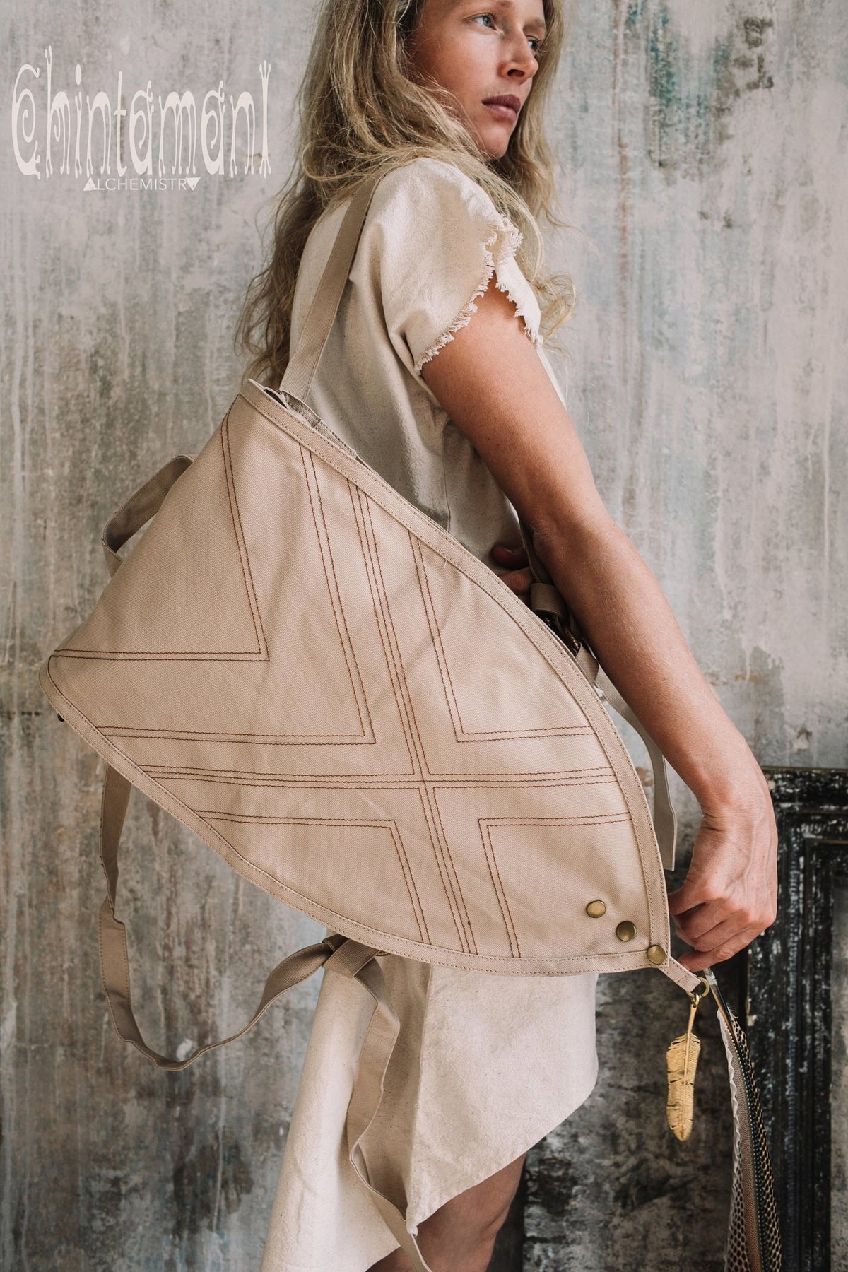 Shield Cotton Canvas Backpack / Triangle Vegan Laptop Backpack / Beige - ChintamaniAlchemi