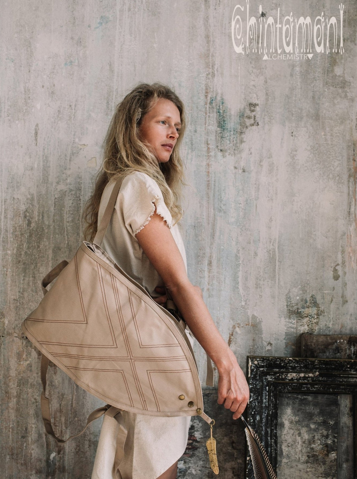 Shield Cotton Canvas Backpack / Triangle Vegan Laptop Backpack / Beige - ChintamaniAlchemi