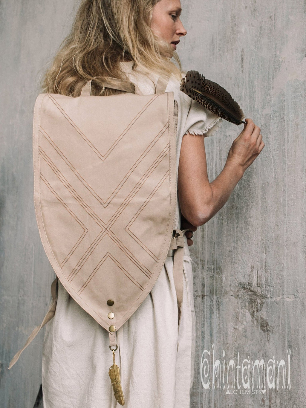 Shield Cotton Canvas Backpack / Triangle Vegan Laptop Backpack / Beige - ChintamaniAlchemi