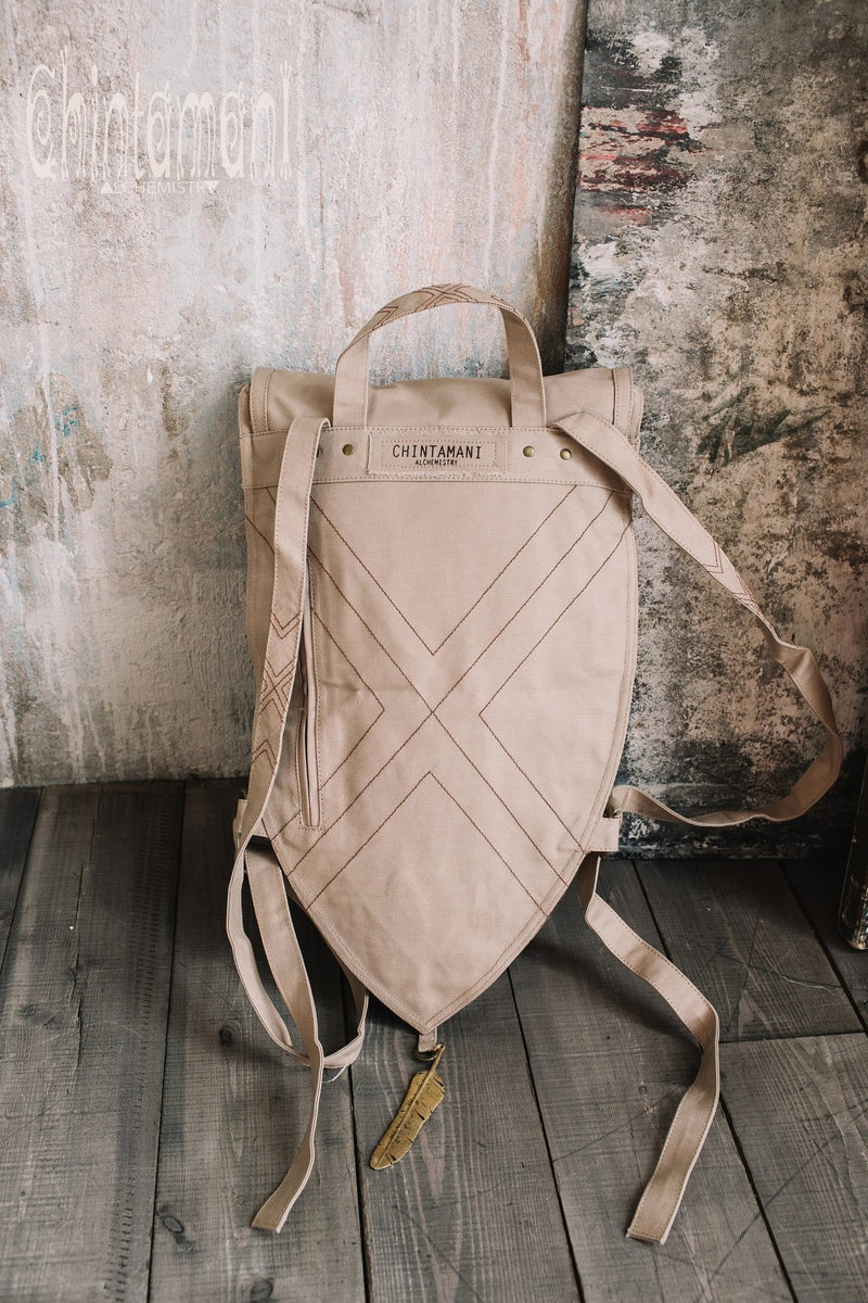 Shield Cotton Canvas Backpack / Triangle Vegan Laptop Backpack / Beige - ChintamaniAlchemi