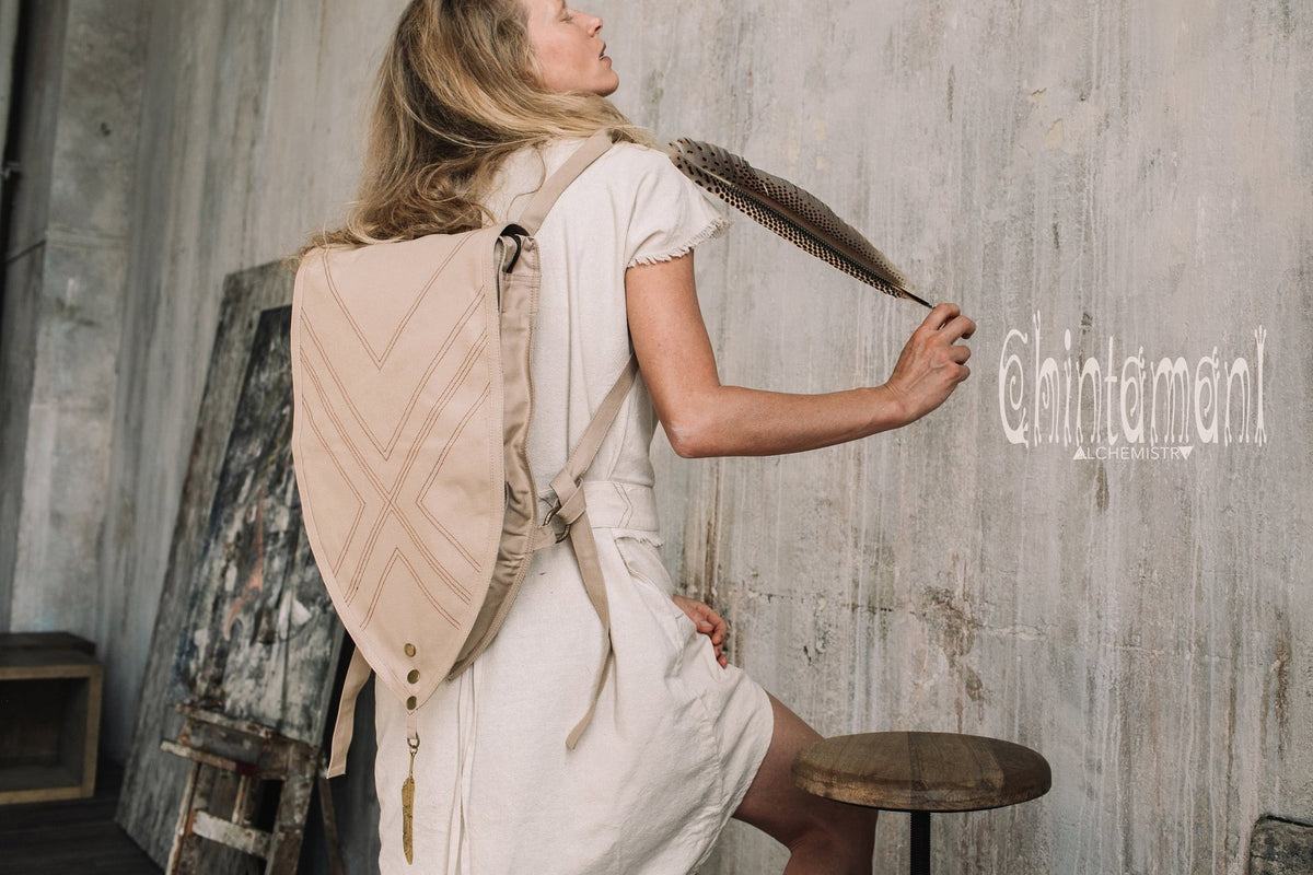 Shield Cotton Canvas Backpack / Triangle Vegan Laptop Backpack / Beige - ChintamaniAlchemi