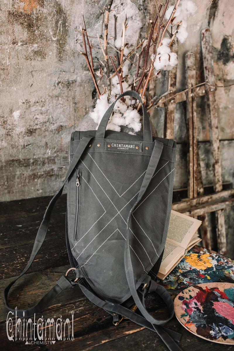 Shield Cotton Canvas Backpack / Triangle Vegan Laptop Backpack / Dark Grey - ChintamaniAlchemi