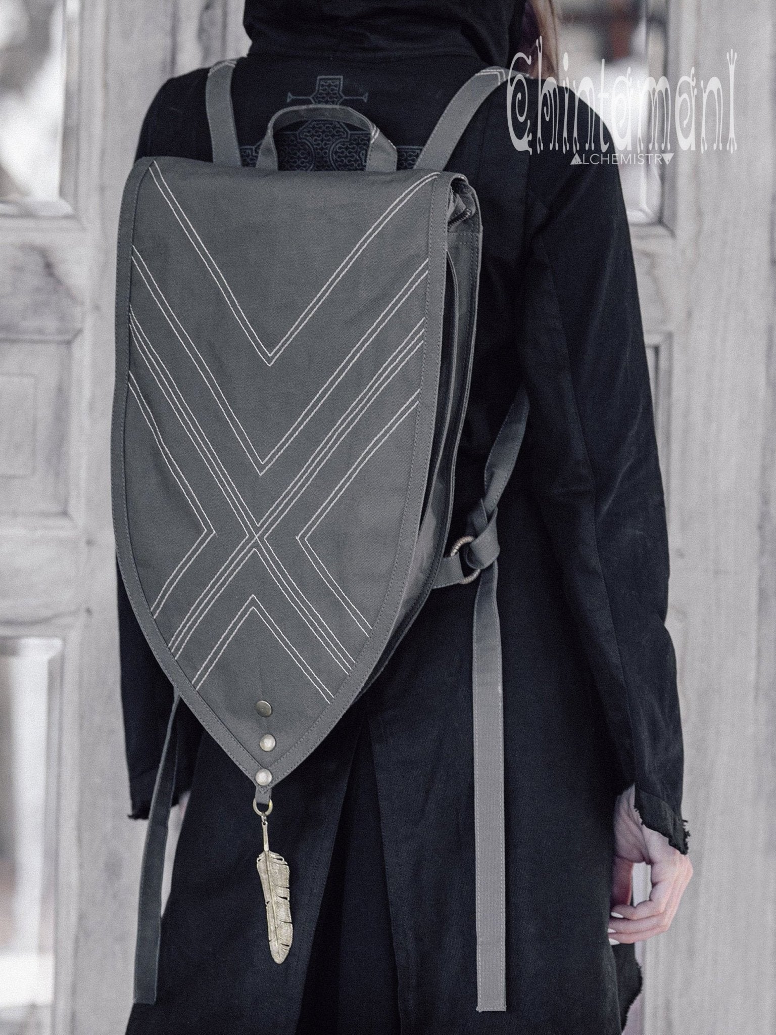 Shield Cotton Canvas Backpack / Triangle Vegan Laptop Backpack / Dark Grey - ChintamaniAlchemi