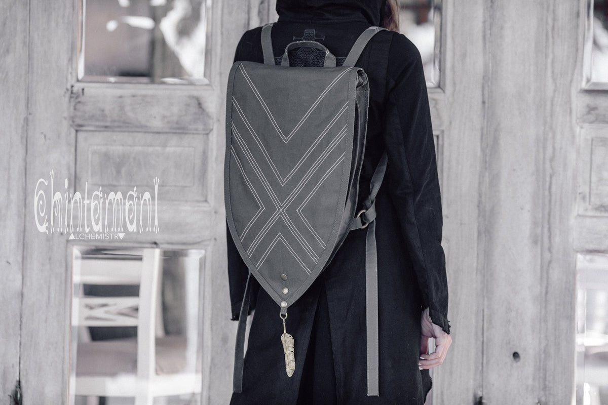 Shield Cotton Canvas Backpack / Triangle Vegan Laptop Backpack / Dark Grey - ChintamaniAlchemi