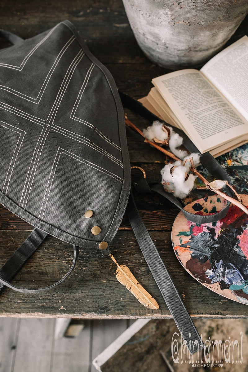 Shield Cotton Canvas Backpack / Triangle Vegan Laptop Backpack / Dark Grey - ChintamaniAlchemi