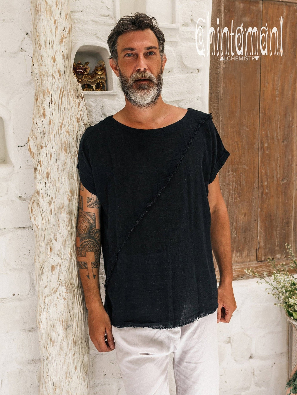 Soft Raw Cotton TShirt for Men with Diagonal Stripe / Black - ChintamaniAlchemi