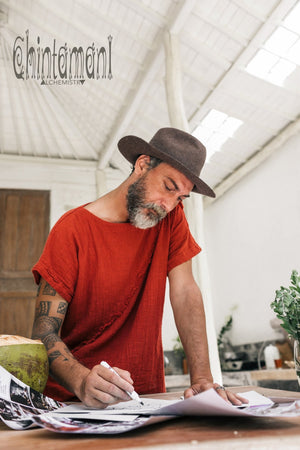 Soft Raw Cotton TShirt for Men with Diagonal Stripe / Red Ochre - ChintamaniAlchemi