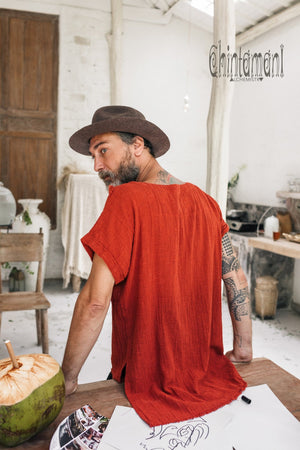 Soft Raw Cotton TShirt for Men with Diagonal Stripe / Red Ochre - ChintamaniAlchemi