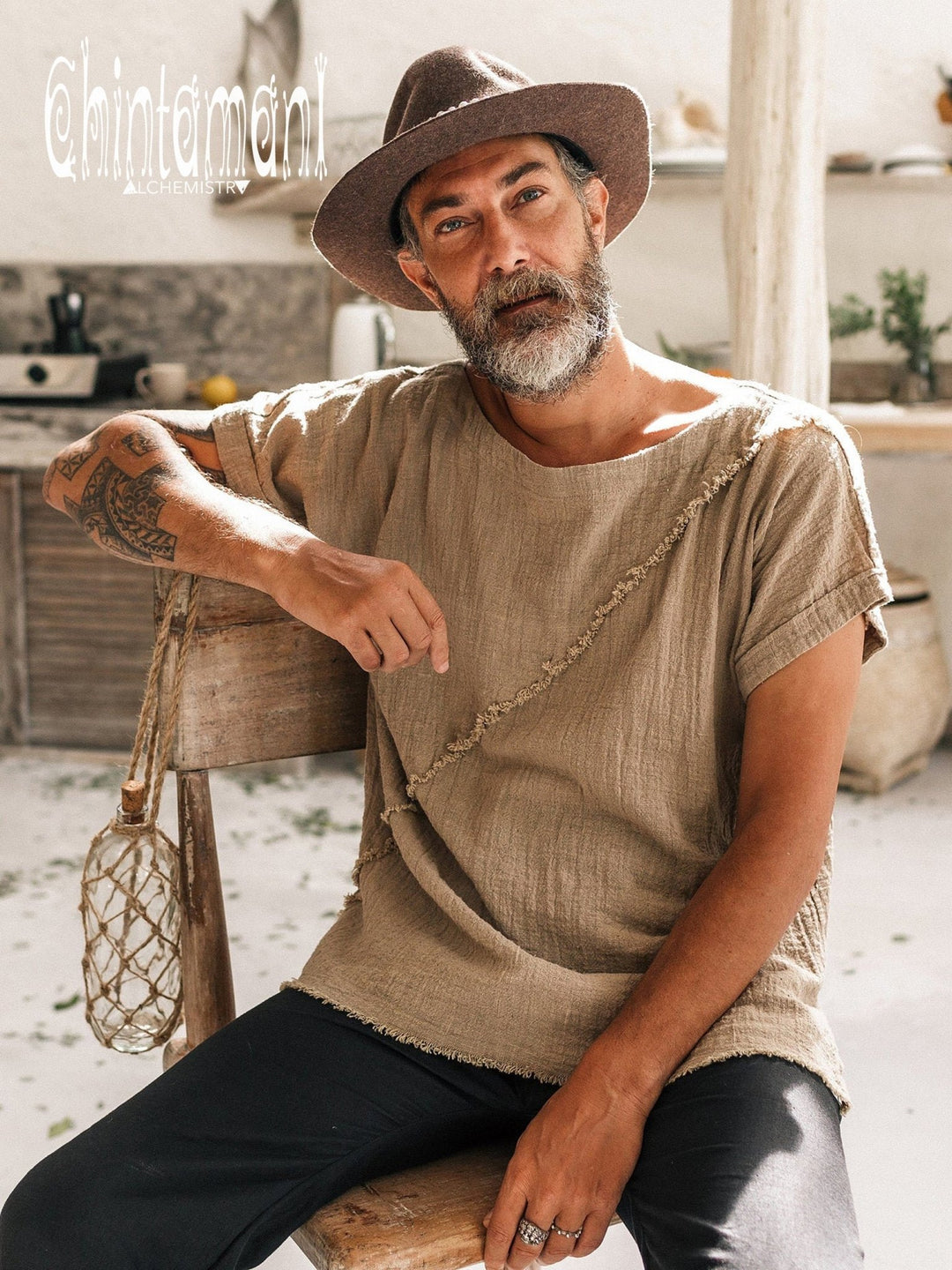 Soft Raw Cotton TShirt for Men with Diagonal Stripe / Sage Green - ChintamaniAlchemi