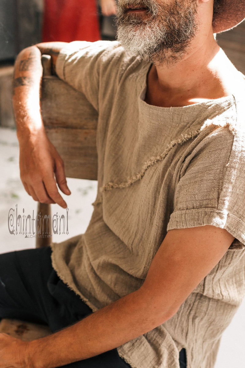 Soft Raw Cotton TShirt for Men with Diagonal Stripe / Sage Green - ChintamaniAlchemi