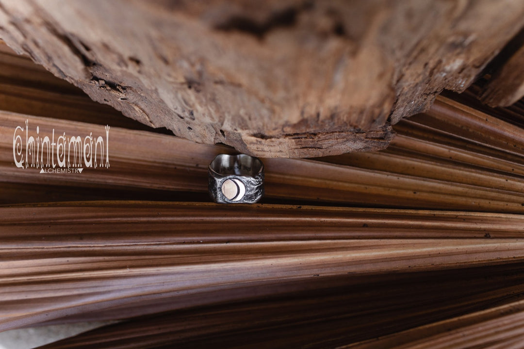 SUN & MOON Massive Sterling Silver Ring / Wide Rustic Textured Band Ring - ChintamaniAlchemi