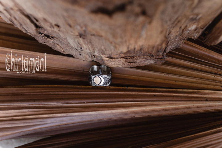 SUN & MOON Massive Sterling Silver Ring / Wide Rustic Textured Band Ring - ChintamaniAlchemi