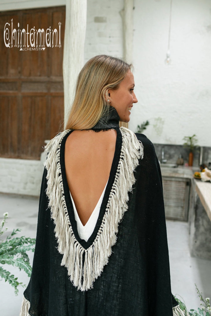 Thick and Thin Poncho / Soft Cotton + Cotton Canvas / Black - ChintamaniAlchemi