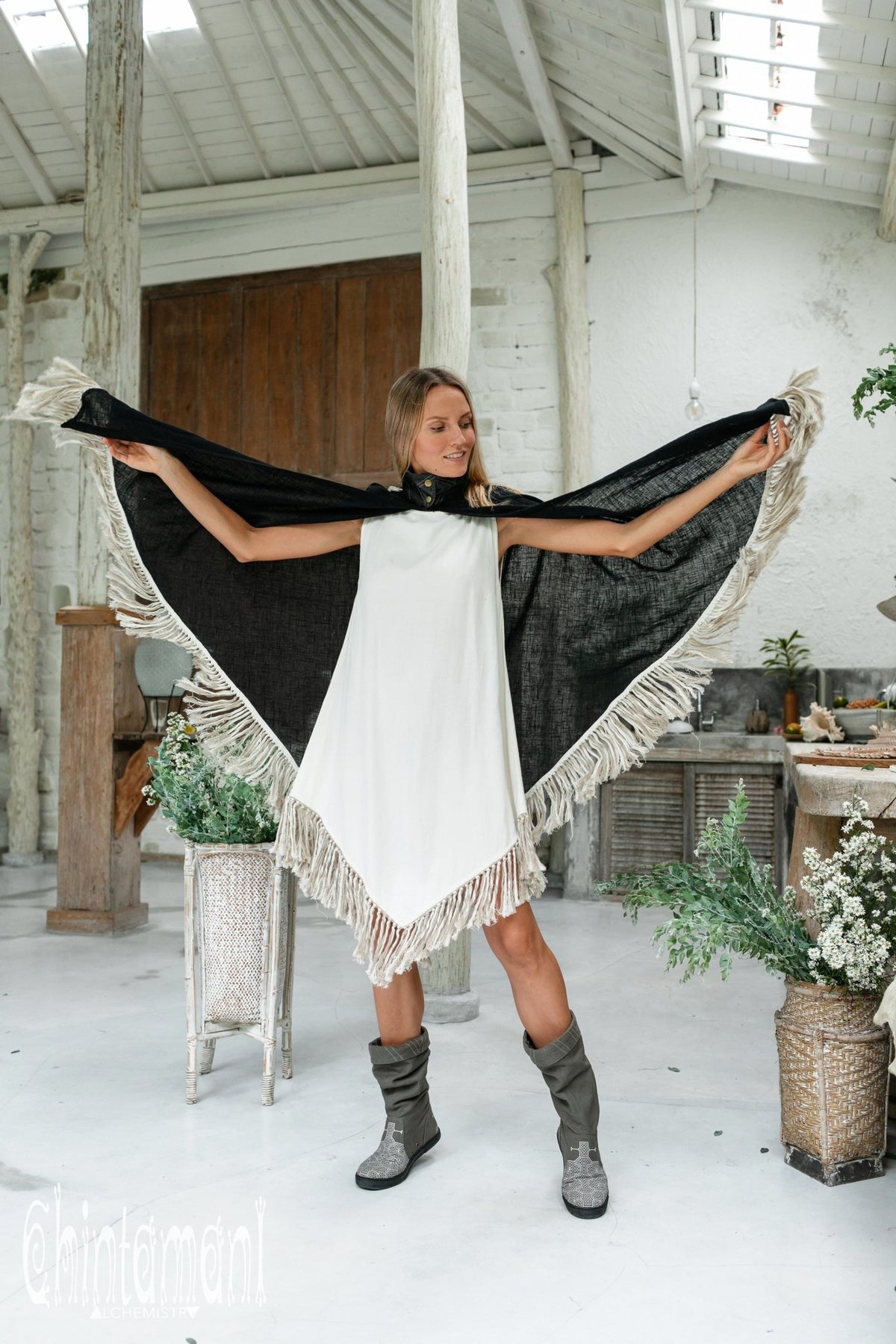 Thick and Thin Poncho / Soft Cotton + Cotton Canvas / Black - ChintamaniAlchemi