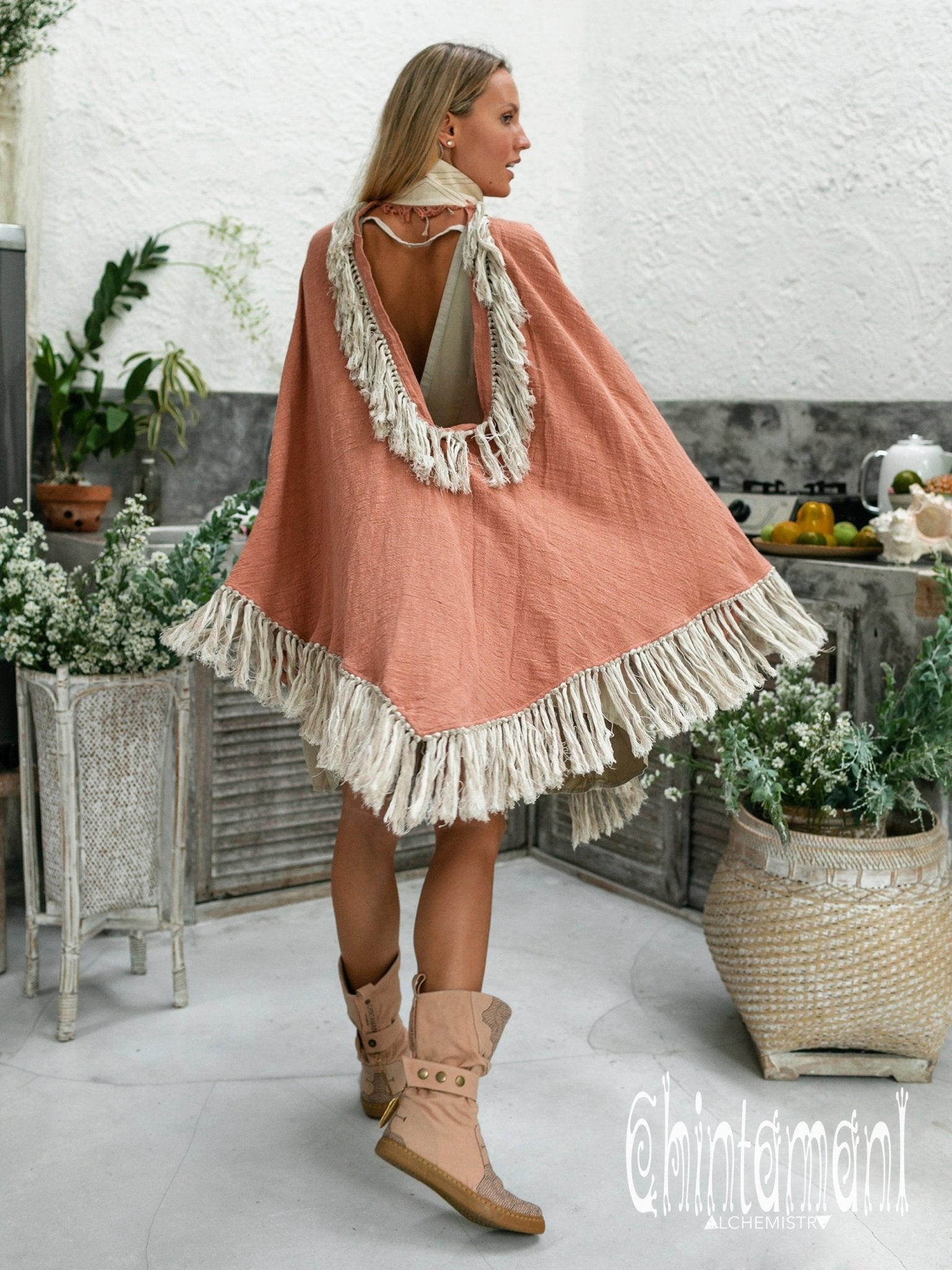 Thick and Thin Poncho / Soft Cotton + Cotton Canvas / Dusty Pink - ChintamaniAlchemi