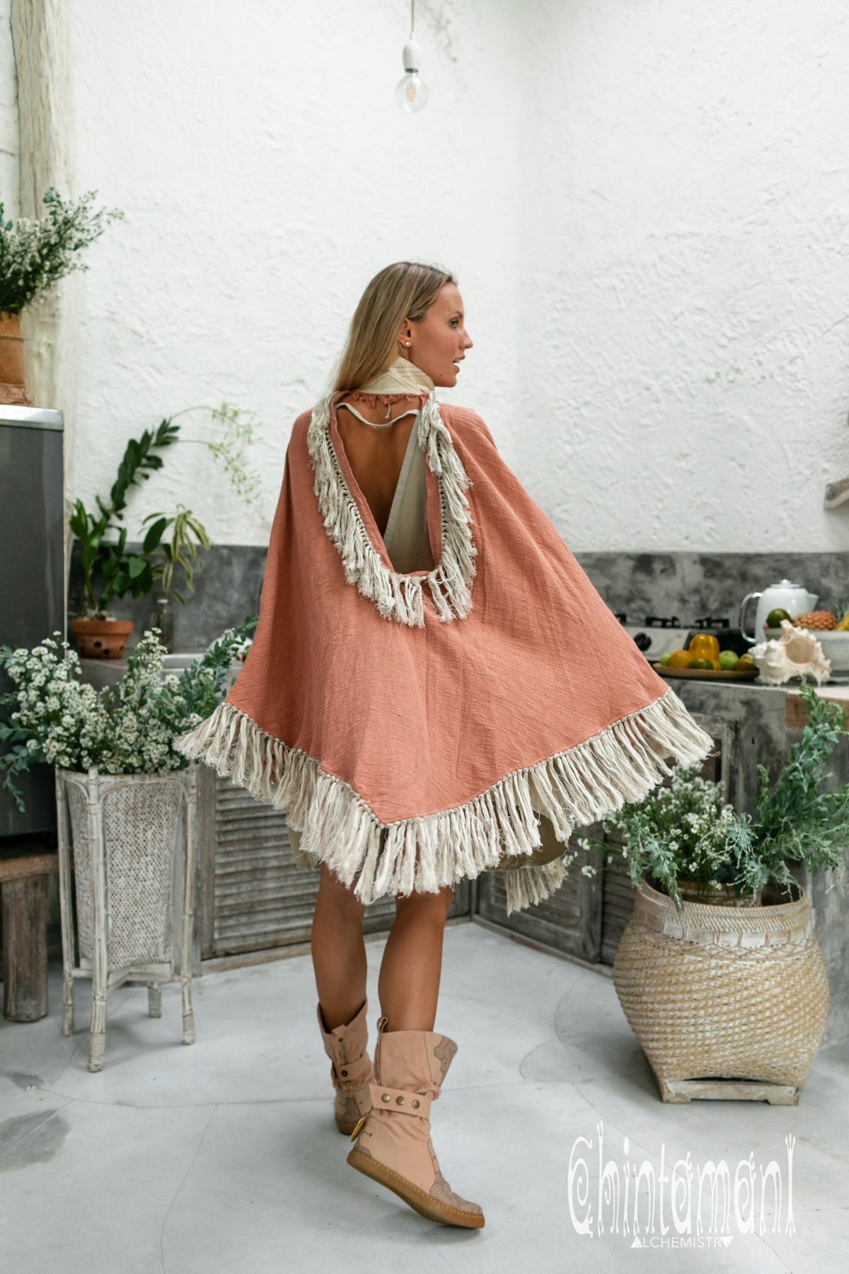 Thick and Thin Poncho / Soft Cotton + Cotton Canvas / Dusty Pink - ChintamaniAlchemi