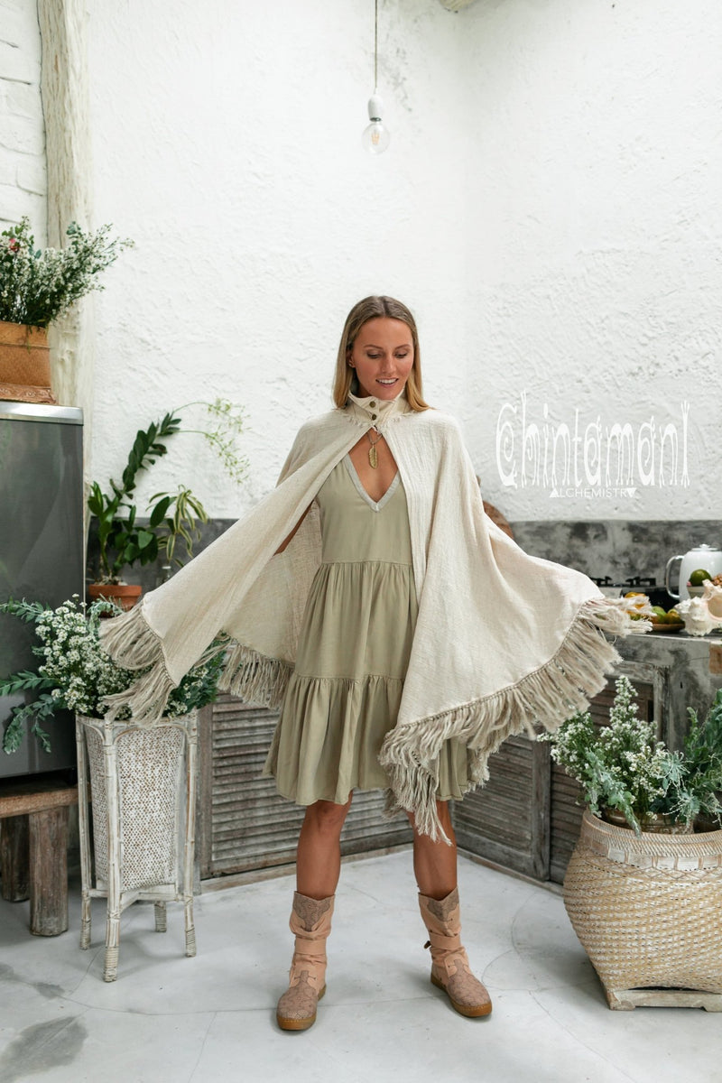 Thick and Thin Poncho / Soft Cotton + Cotton Canvas / Off White - ChintamaniAlchemi