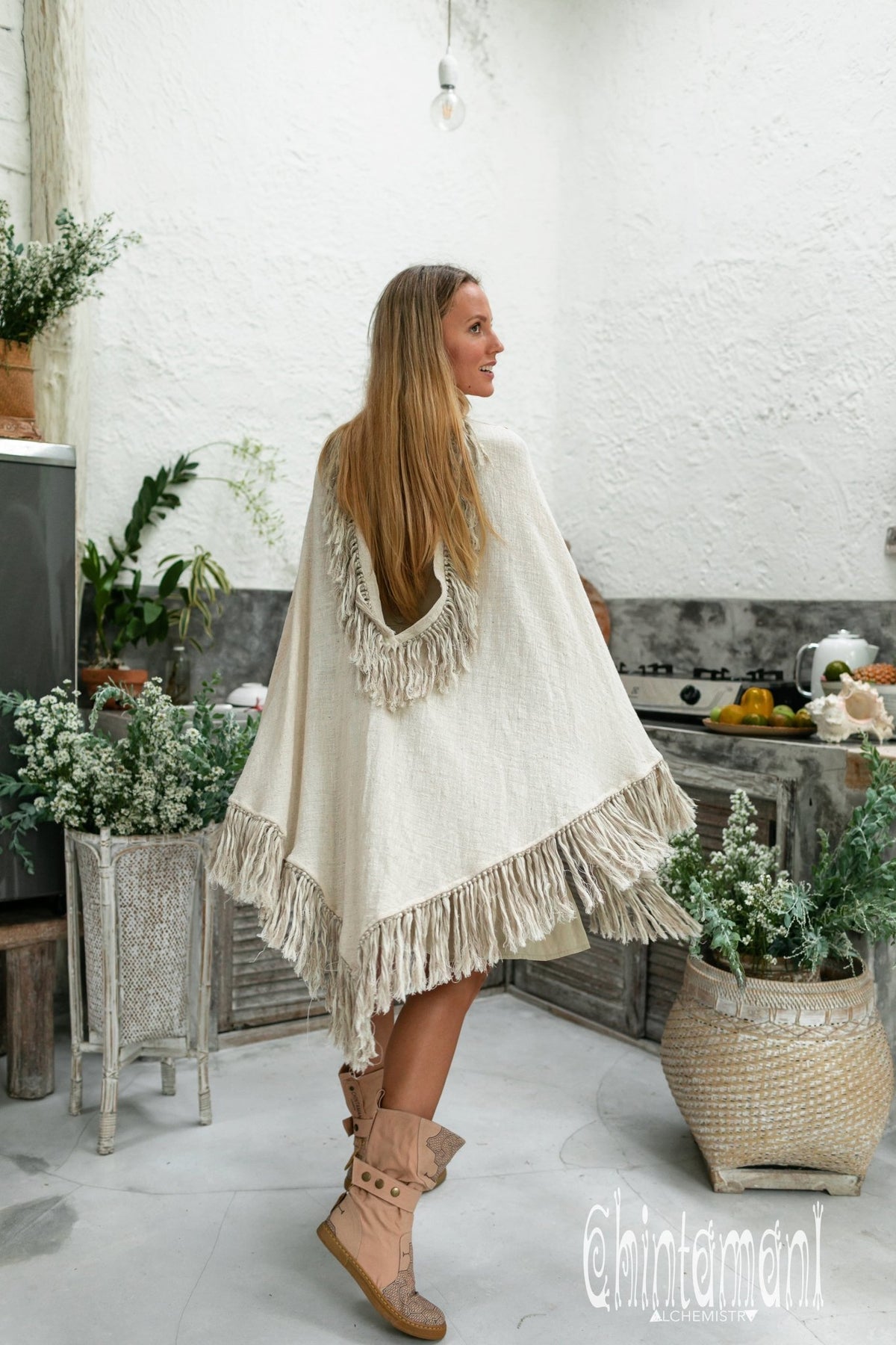 Thick and Thin Poncho / Soft Cotton + Cotton Canvas / Off White - ChintamaniAlchemi