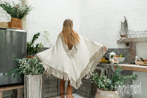 Thick and Thin Poncho / Soft Cotton + Cotton Canvas / Off White - ChintamaniAlchemi