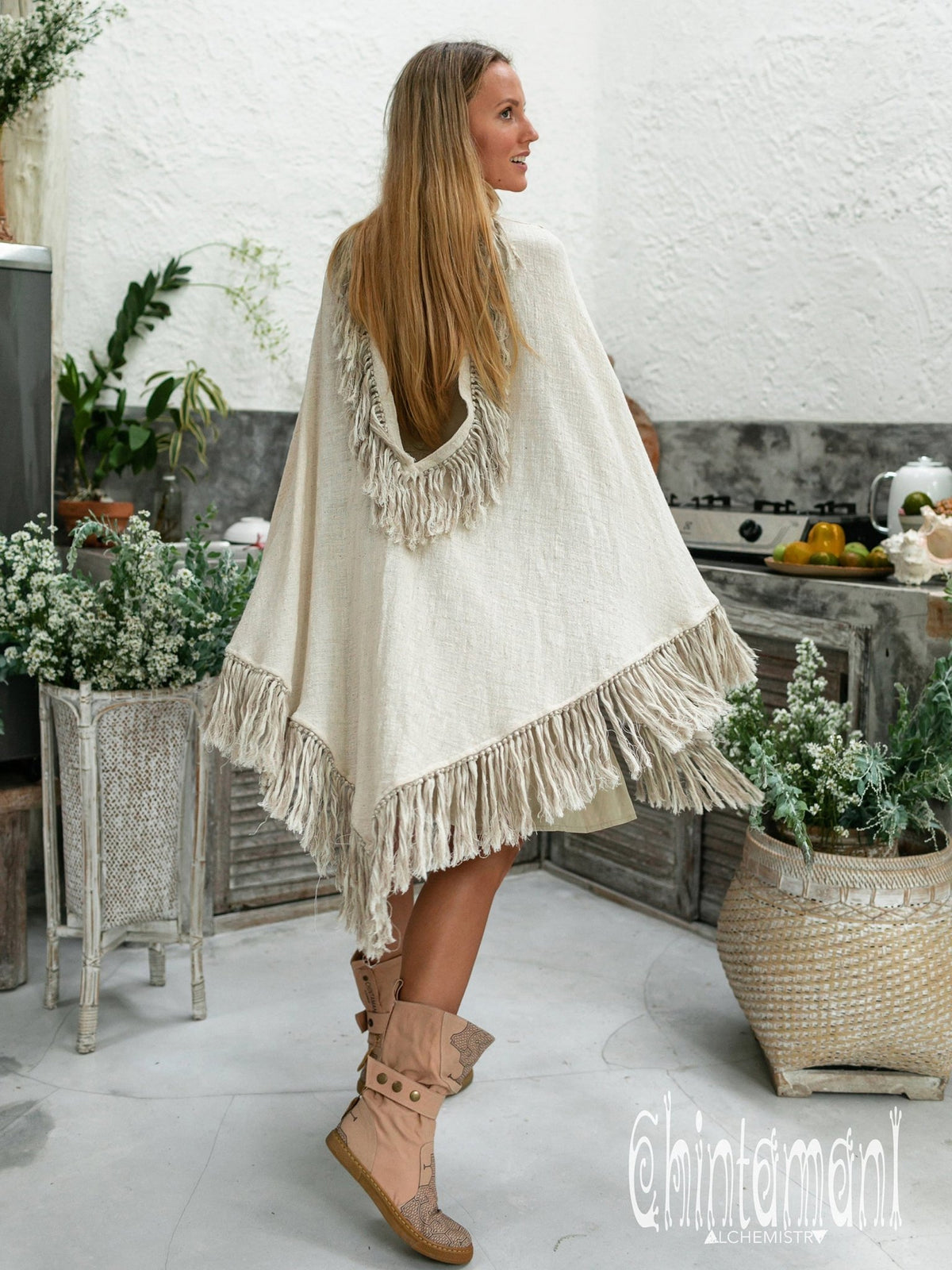 Thick and Thin Poncho / Soft Cotton + Cotton Canvas / Off White - ChintamaniAlchemi