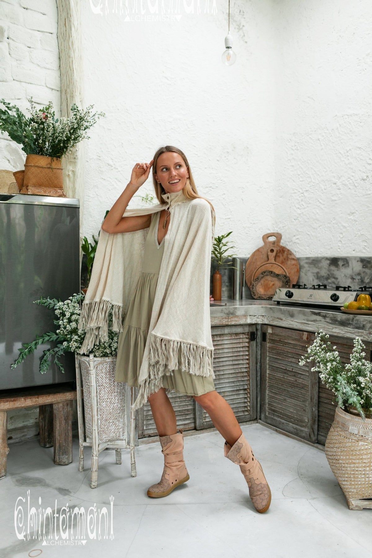 Thick and Thin Poncho / Soft Cotton + Cotton Canvas / Off White - ChintamaniAlchemi